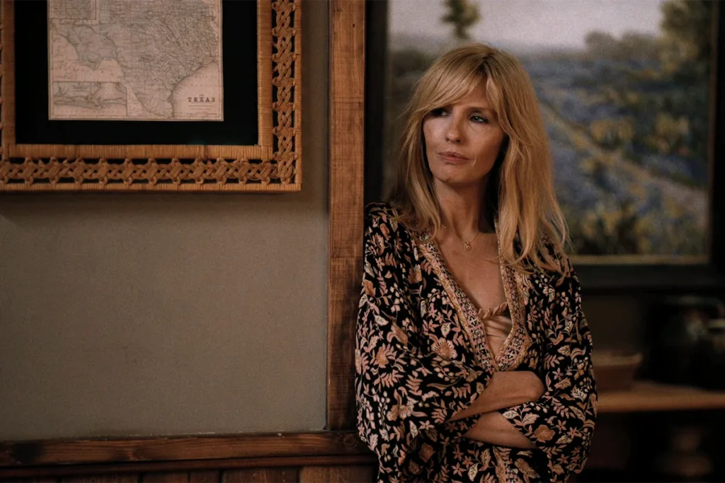 Beth's orange print kimono + beige silk slip dress on Dutton Ranch