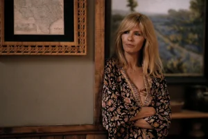 Beth's orange print kimono + beige silk slip dress on Dutton Ranch